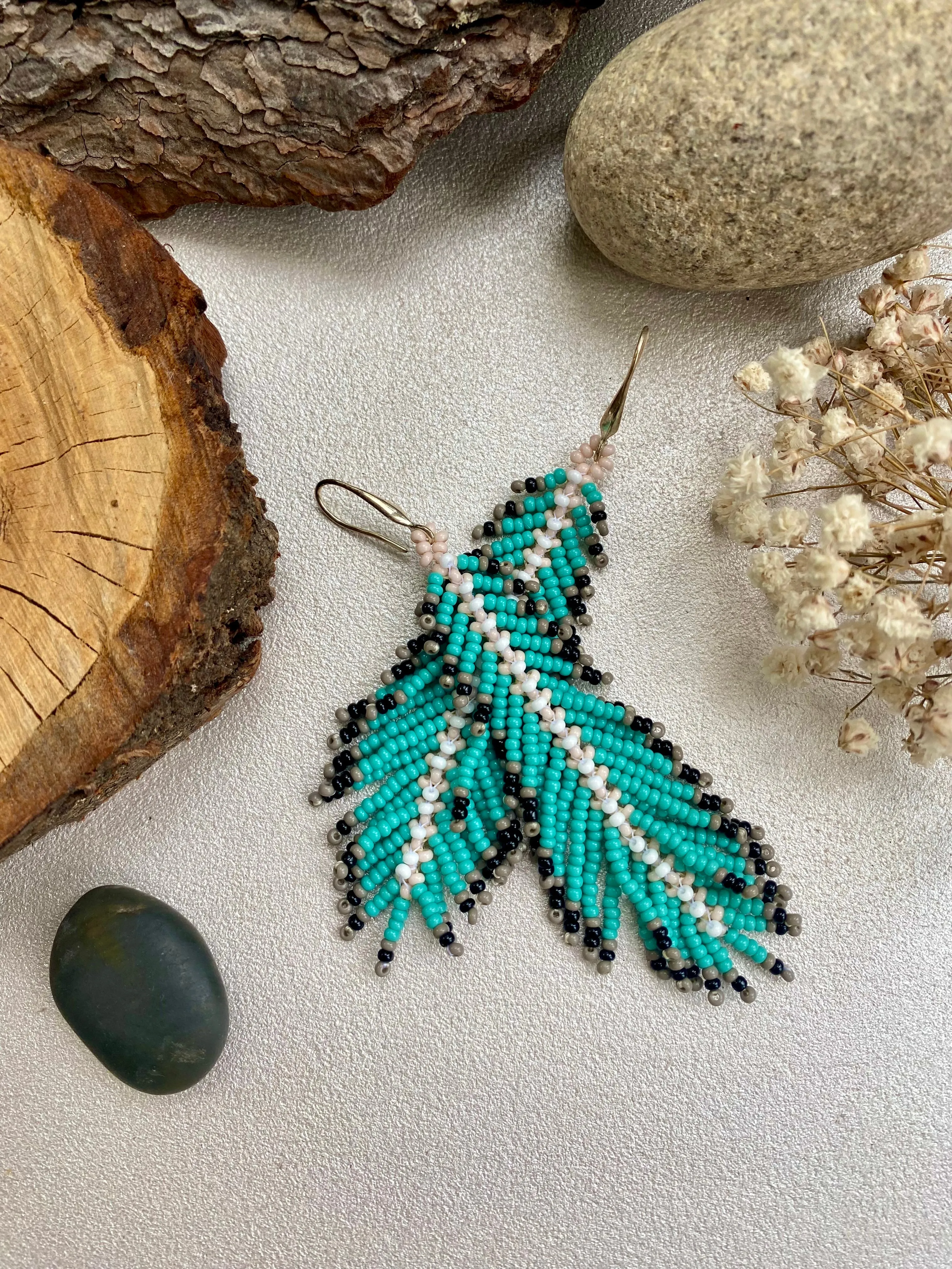 Turquoise Seed Bead Feather Earrings, Fringe Indigenous style Earrings Native inspired, Long Dangle Earrings, Blue Bohemian earrings, Unique Earrings