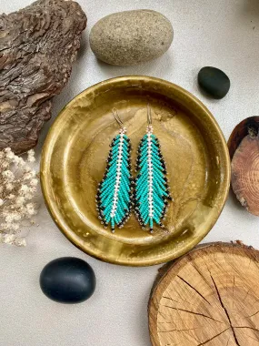 Turquoise Seed Bead Feather Earrings, Fringe Indigenous style Earrings Native inspired, Long Dangle Earrings, Blue Bohemian earrings, Unique Earrings