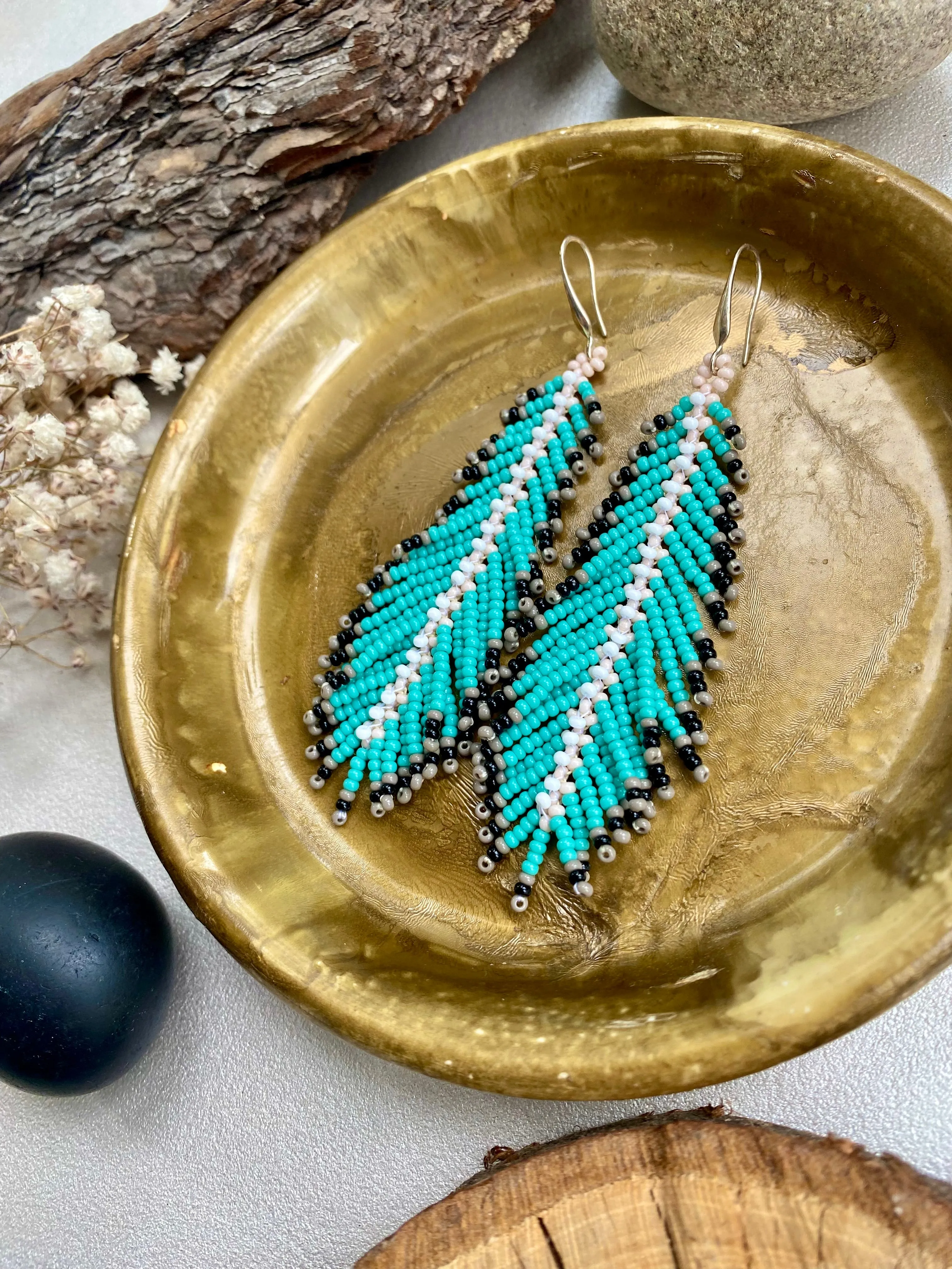 Turquoise Seed Bead Feather Earrings, Fringe Indigenous style Earrings Native inspired, Long Dangle Earrings, Blue Bohemian earrings, Unique Earrings