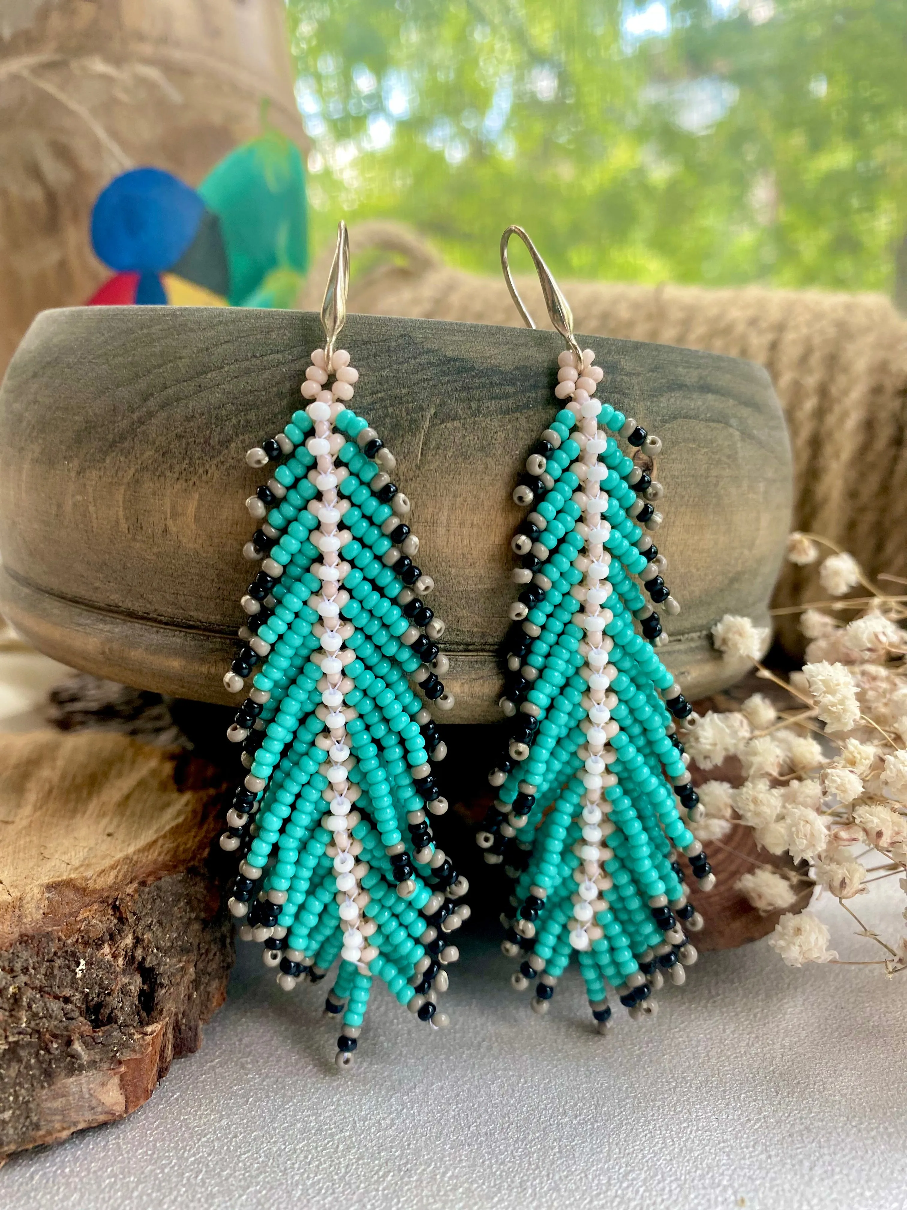 Turquoise Seed Bead Feather Earrings, Fringe Indigenous style Earrings Native inspired, Long Dangle Earrings, Blue Bohemian earrings, Unique Earrings