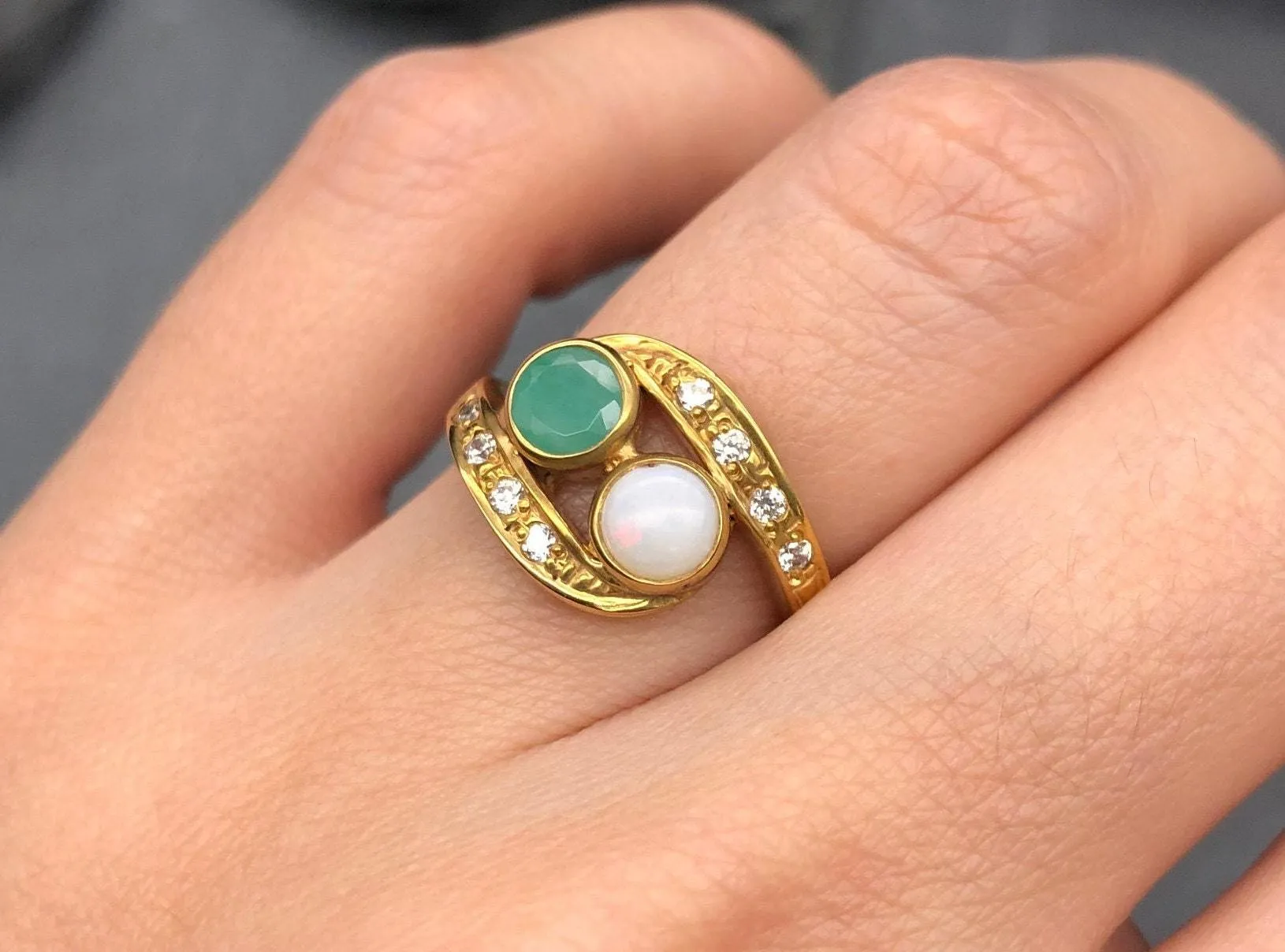 Two Stone Opal Gold Ring, Gold Bypass Ring, Natural Opal Vintage Ring