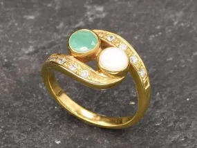 Two Stone Opal Gold Ring, Gold Bypass Ring, Natural Opal Vintage Ring