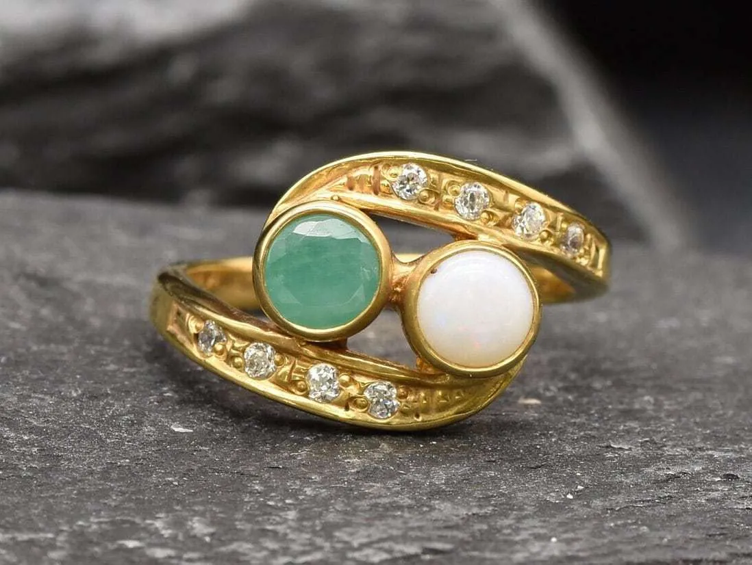 Two Stone Opal Gold Ring, Gold Bypass Ring, Natural Opal Vintage Ring