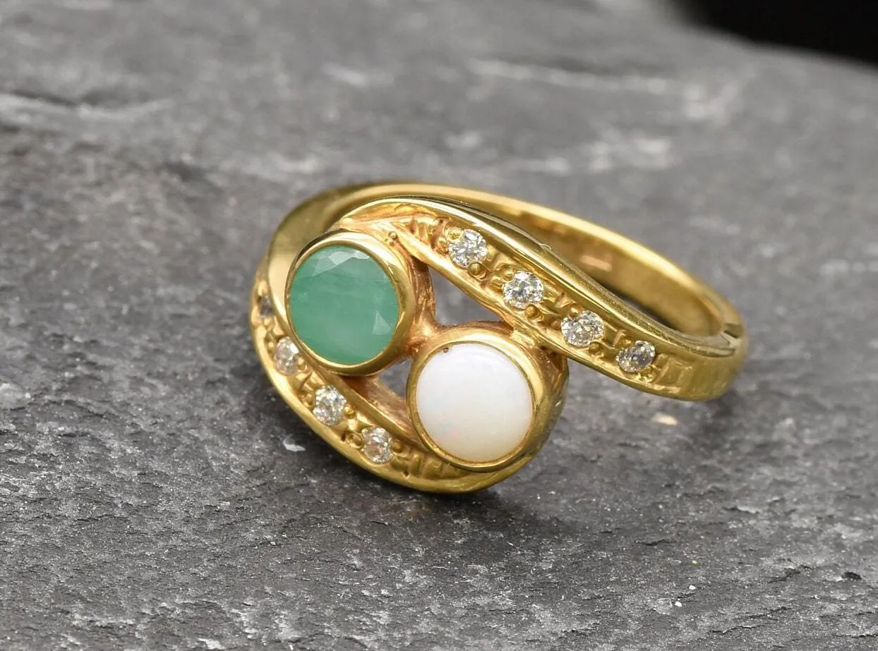 Two Stone Opal Gold Ring, Gold Bypass Ring, Natural Opal Vintage Ring