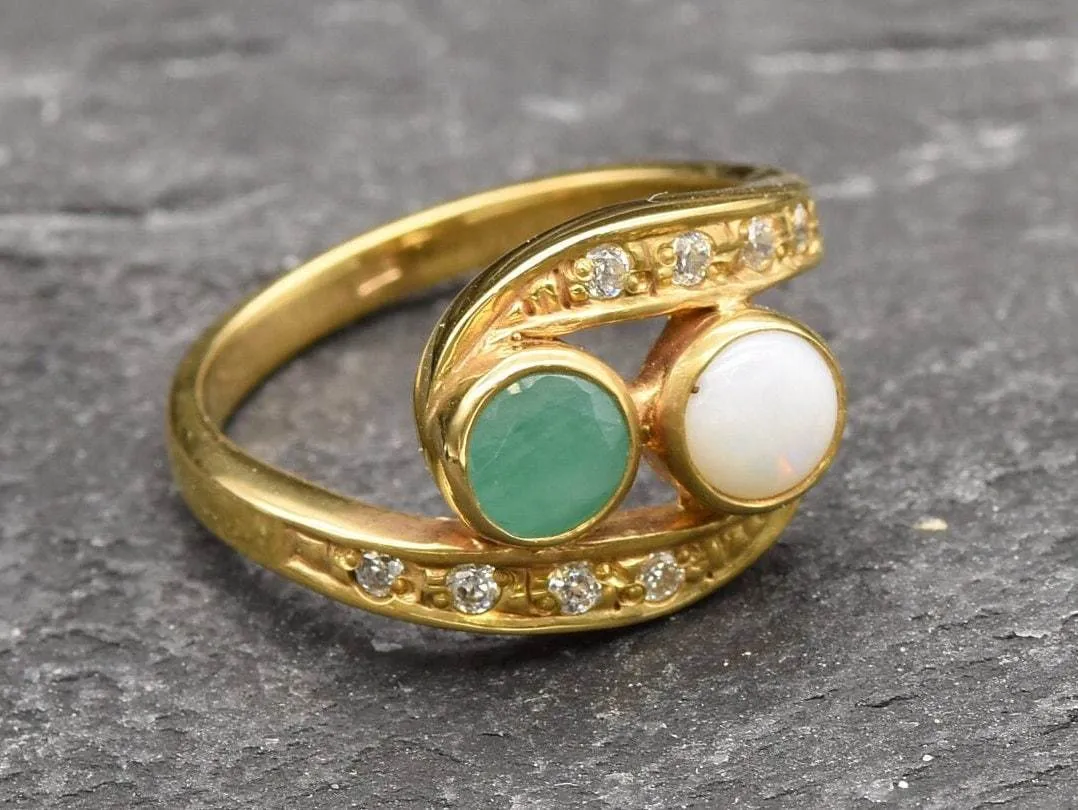 Two Stone Opal Gold Ring, Gold Bypass Ring, Natural Opal Vintage Ring