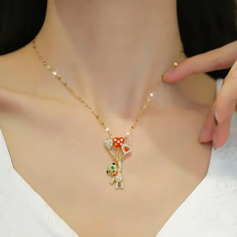 Unique Dazzling Balloon Bear Full Zircon Necklace