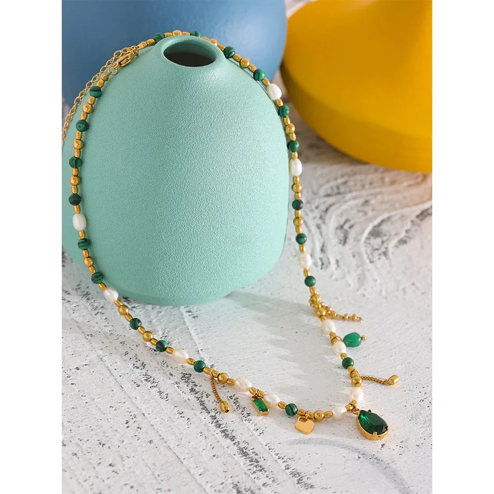 VAIGE Emerald Elegance Beaded Necklace with Natural Pearl and Gold-Plated Stainless Steel