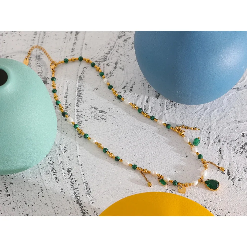 VAIGE Emerald Elegance Beaded Necklace with Natural Pearl and Gold-Plated Stainless Steel