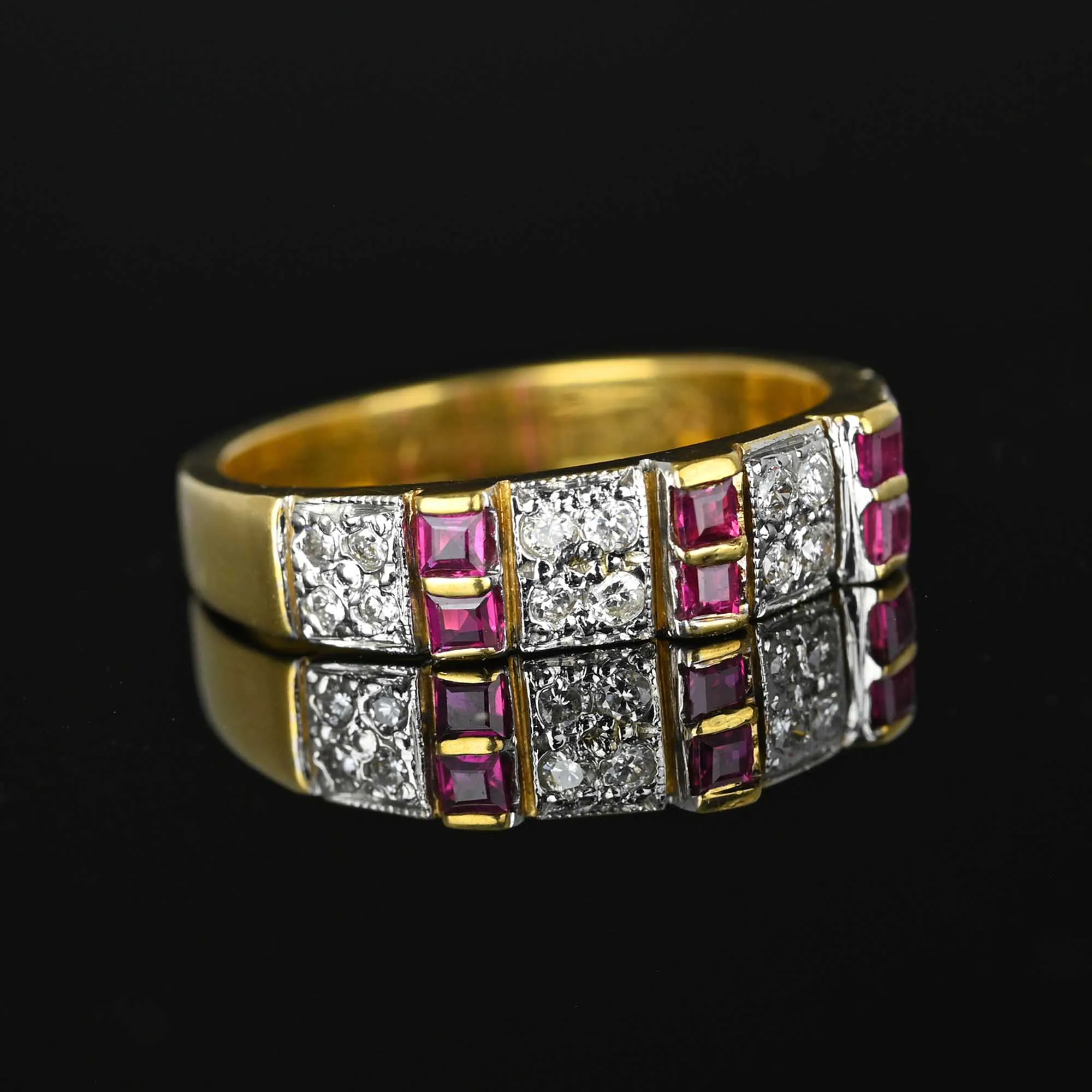 Vintage 18K Gold Diamond Square Cut Ruby Ring Band