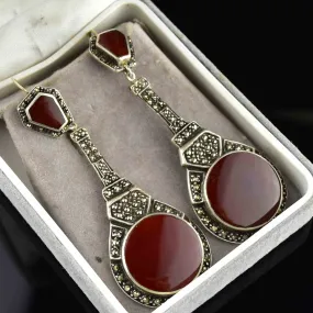 Vintage Art Deco Style Carnelian Marcasite Chandelier Earrings