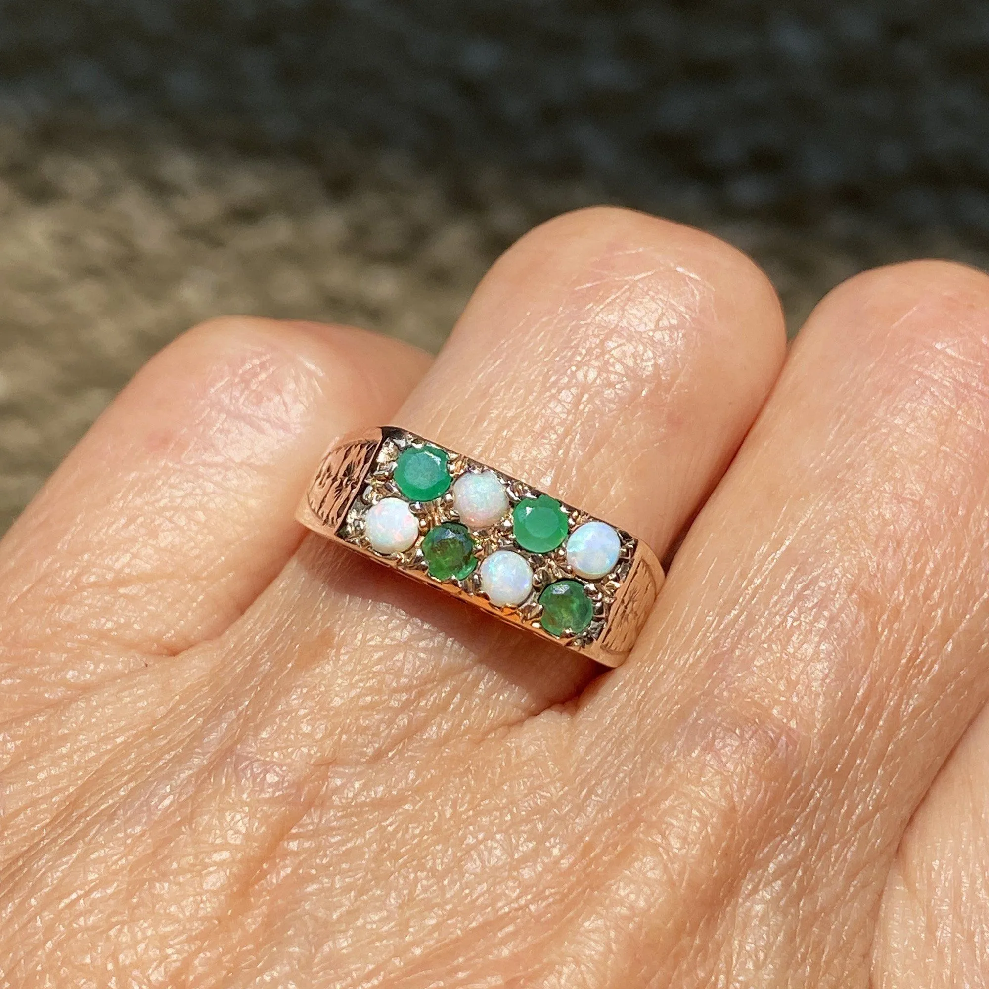 Vintage Art Deco Style Gold Opal & Emerald Band Ring, Sz 8