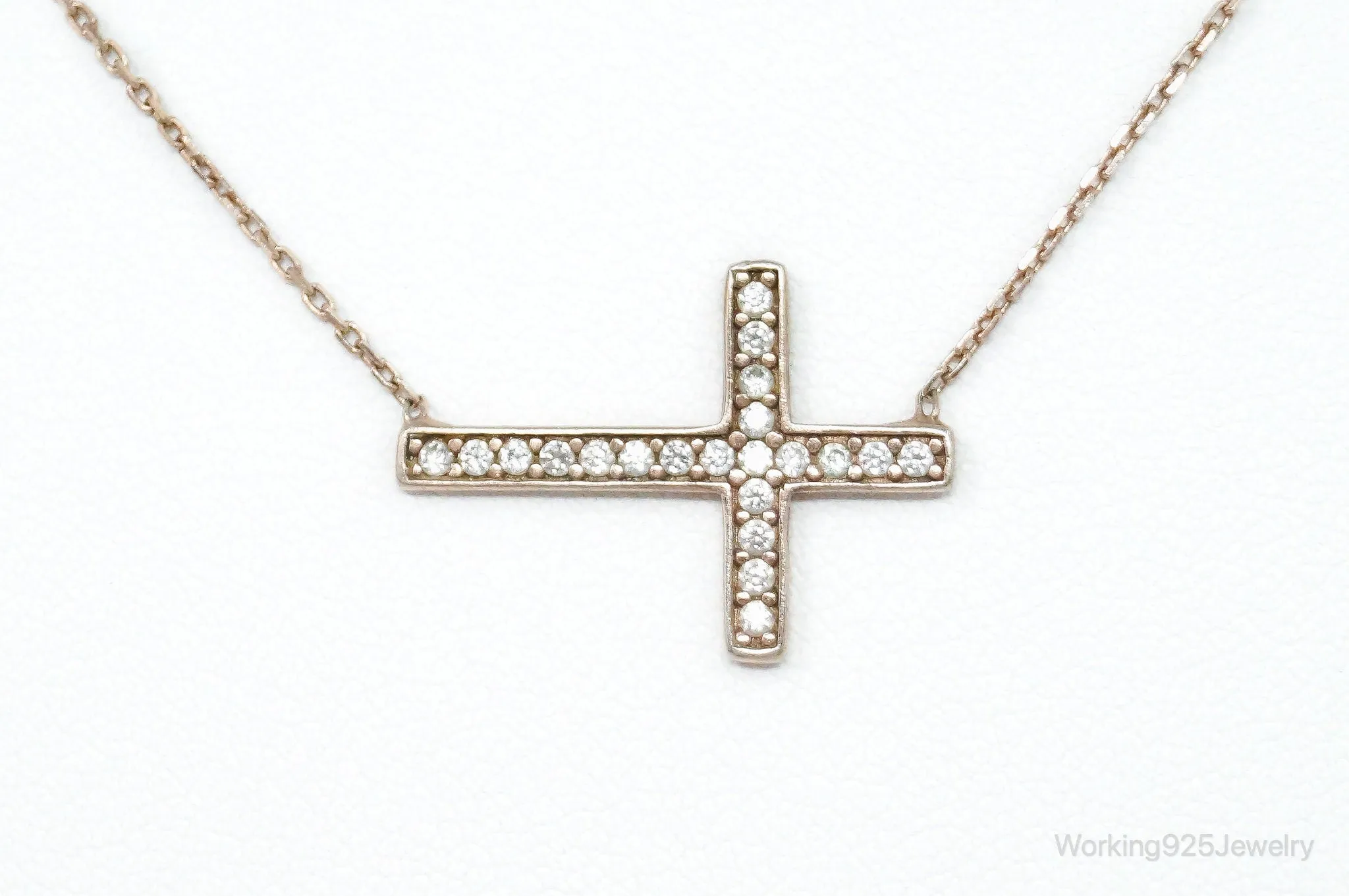 Vintage Cubic Zirconia Rose Gold Vermeil Sterling Silver Cross Necklace