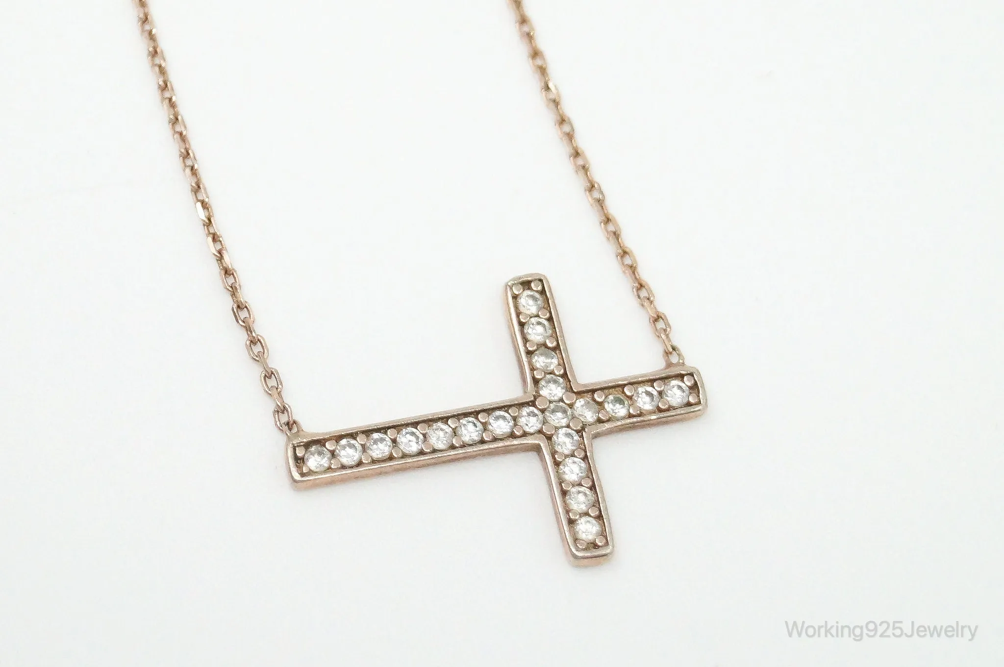 Vintage Cubic Zirconia Rose Gold Vermeil Sterling Silver Cross Necklace