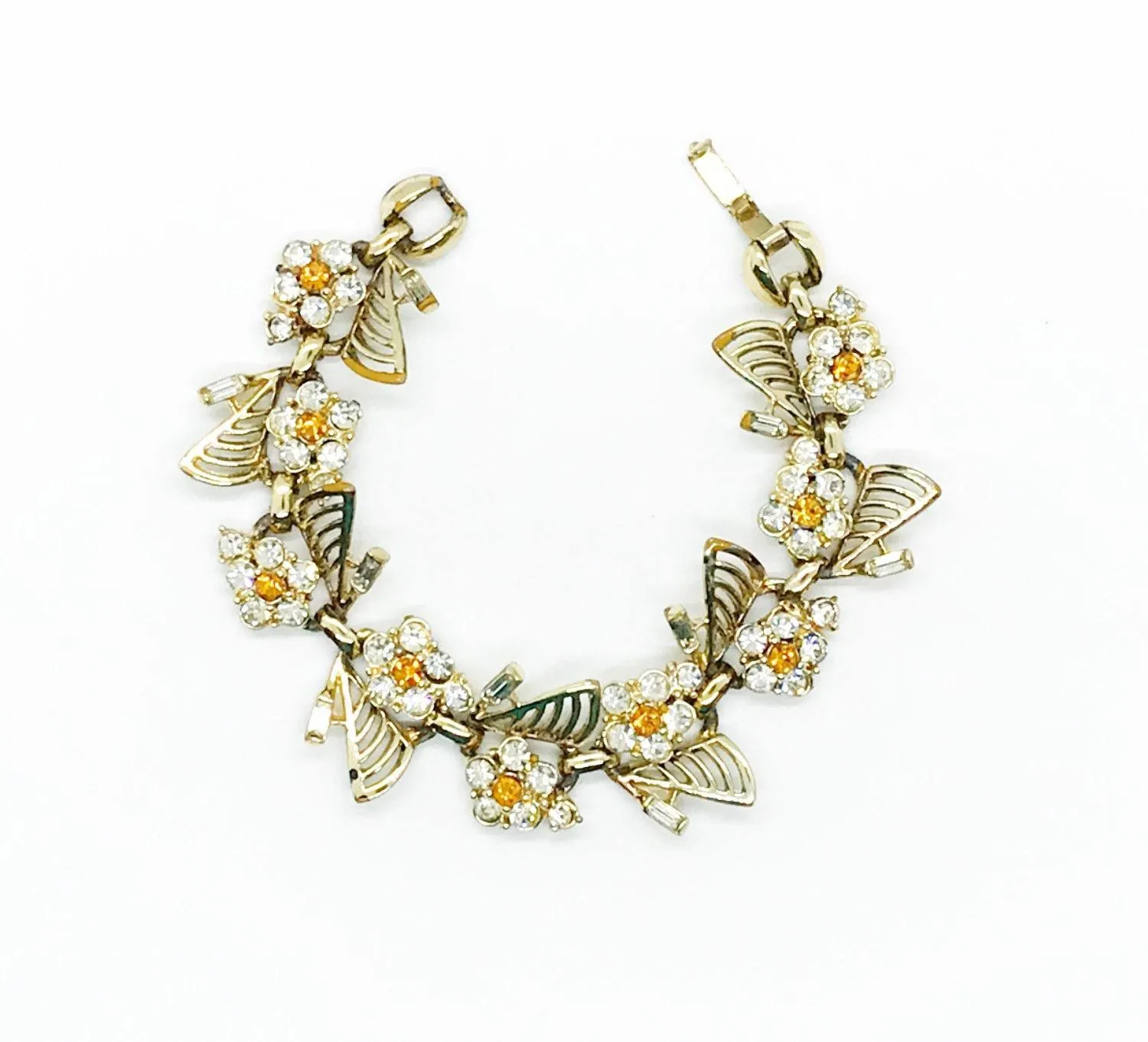 Vintage Dainty Daisy Bracelet with Bright Yellow and Clear Stones