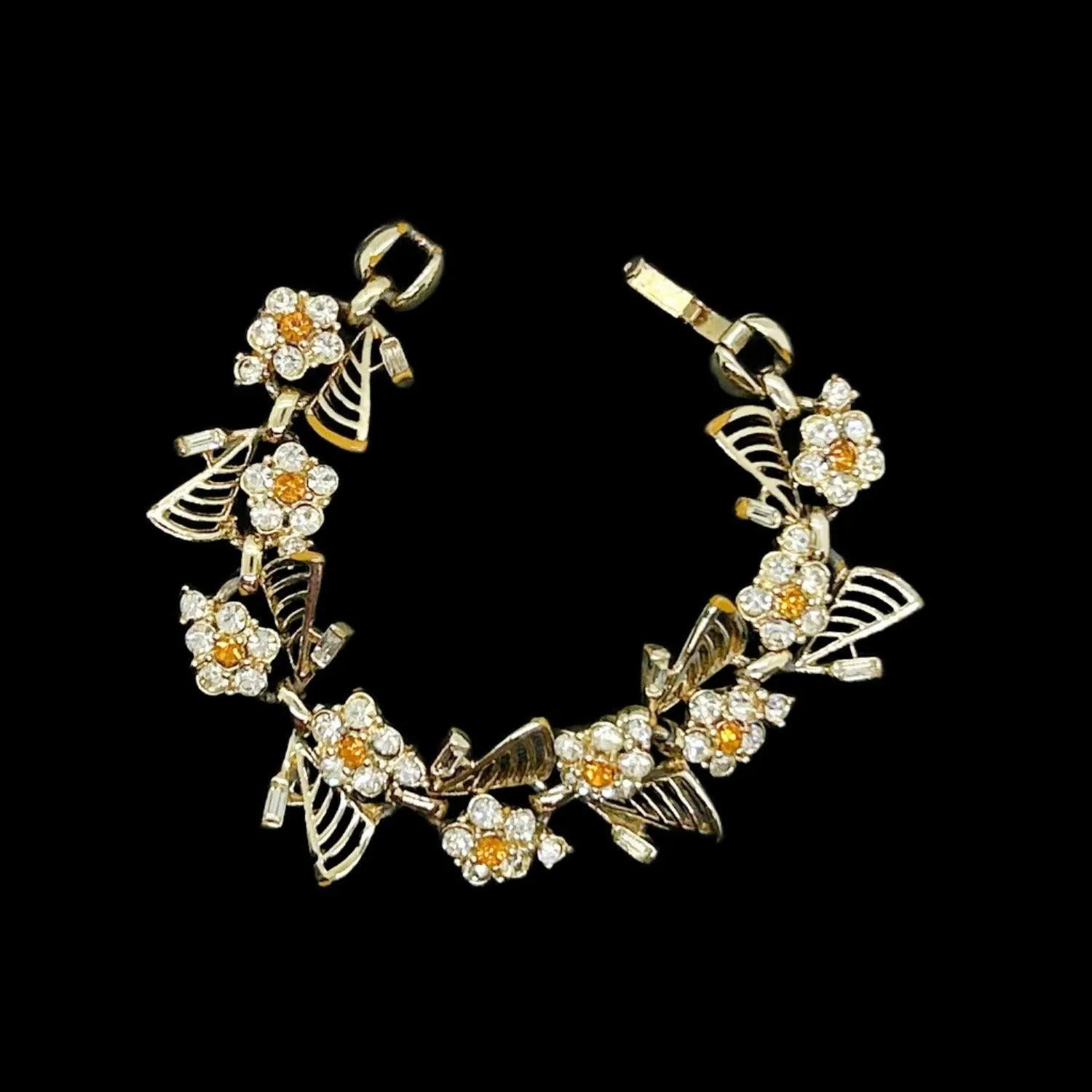 Vintage Dainty Daisy Bracelet with Bright Yellow and Clear Stones