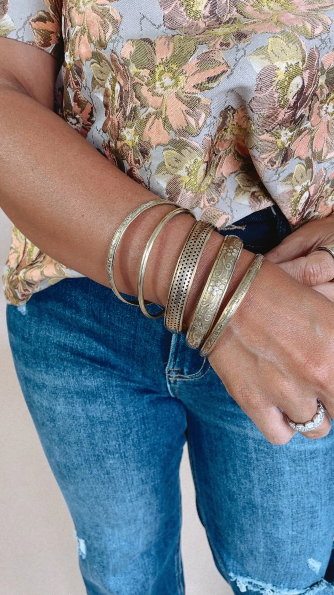 Vintage Days Floral Embossed 5 Stack Bangle Set, Gold