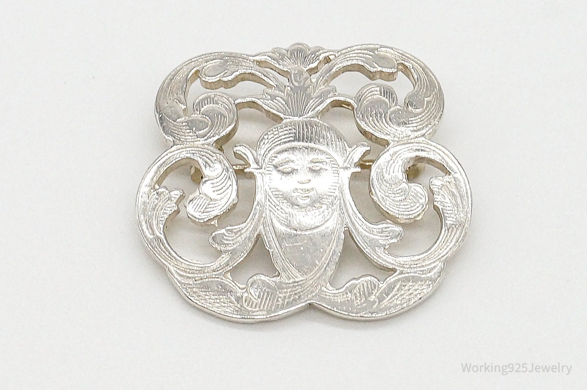 Vintage Designer IC Goddess Etched Sterling Silver Brooch/Pendant