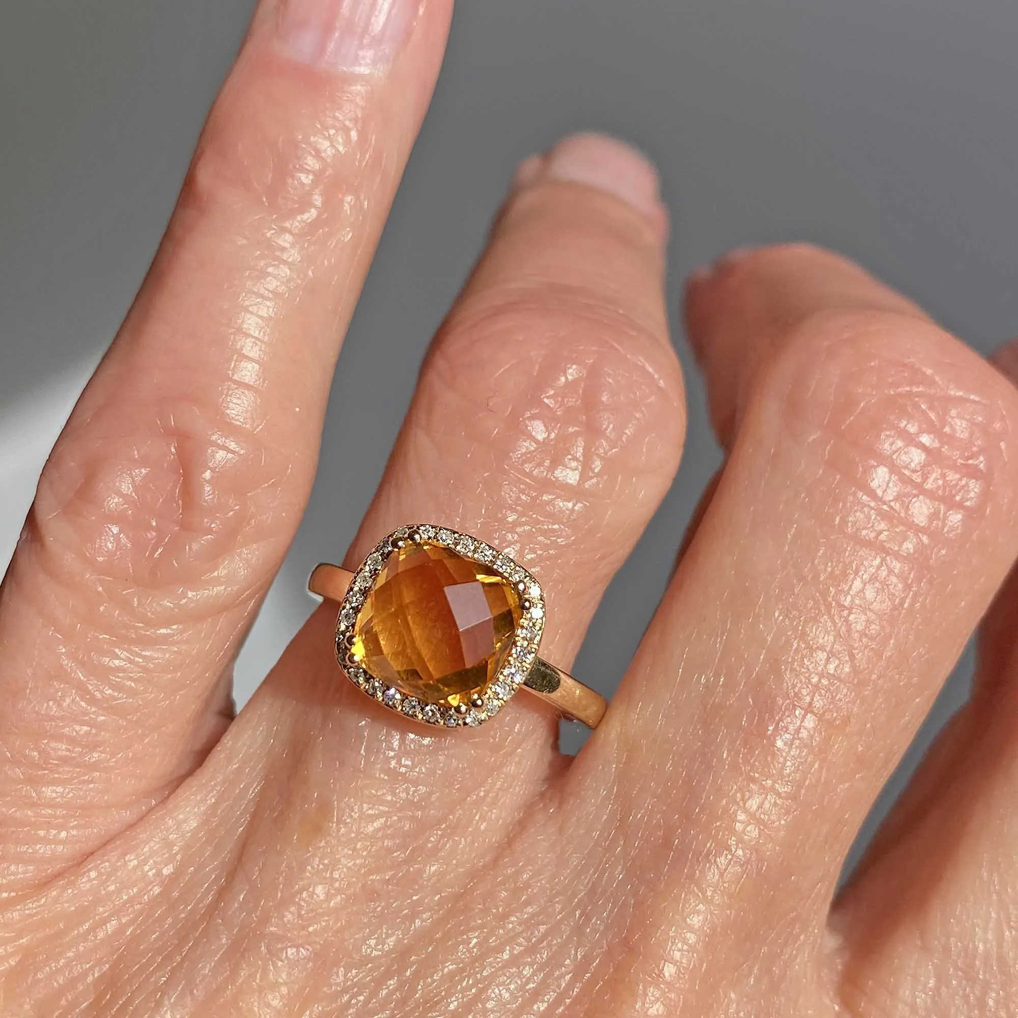 Vintage Diamond Halo Checkerboard Citrine Ring