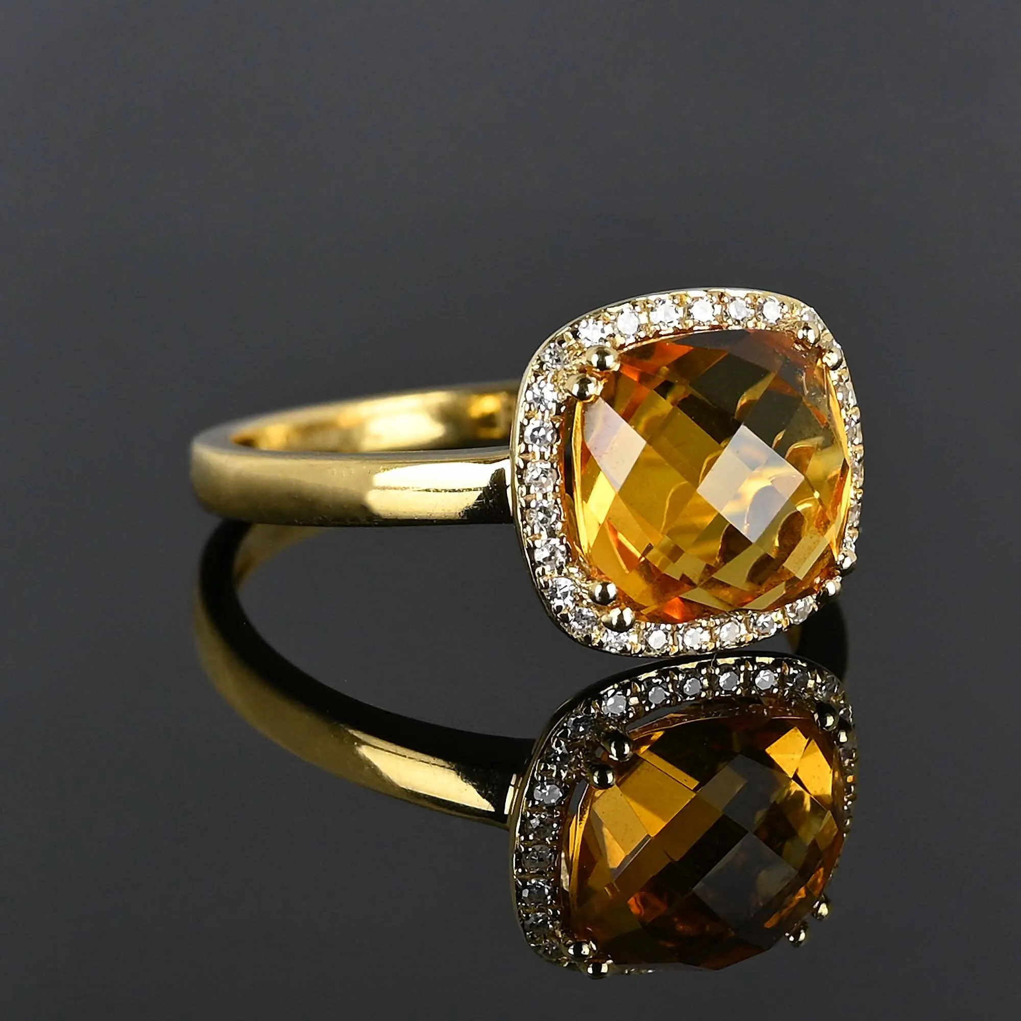 Vintage Diamond Halo Checkerboard Citrine Ring