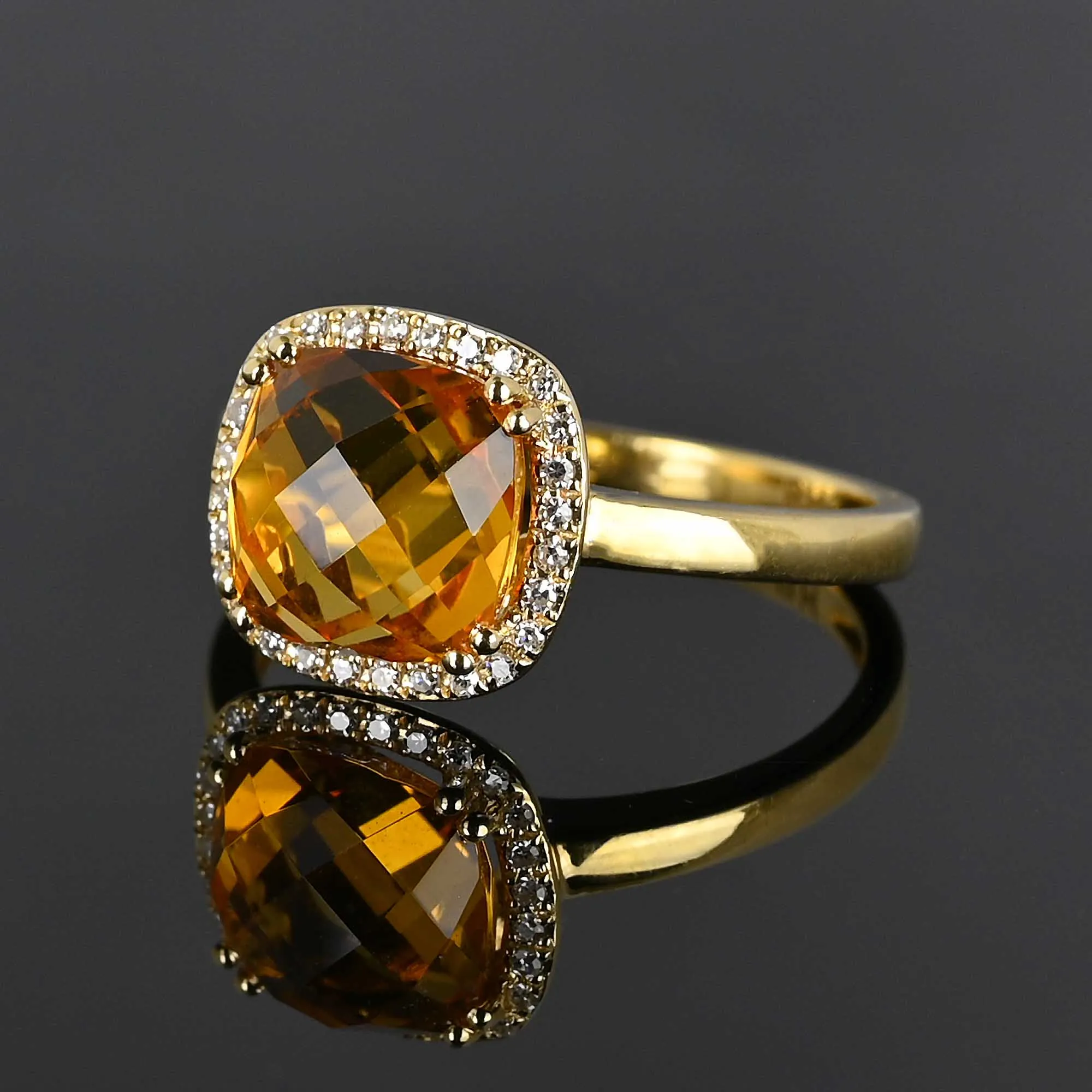 Vintage Diamond Halo Checkerboard Citrine Ring