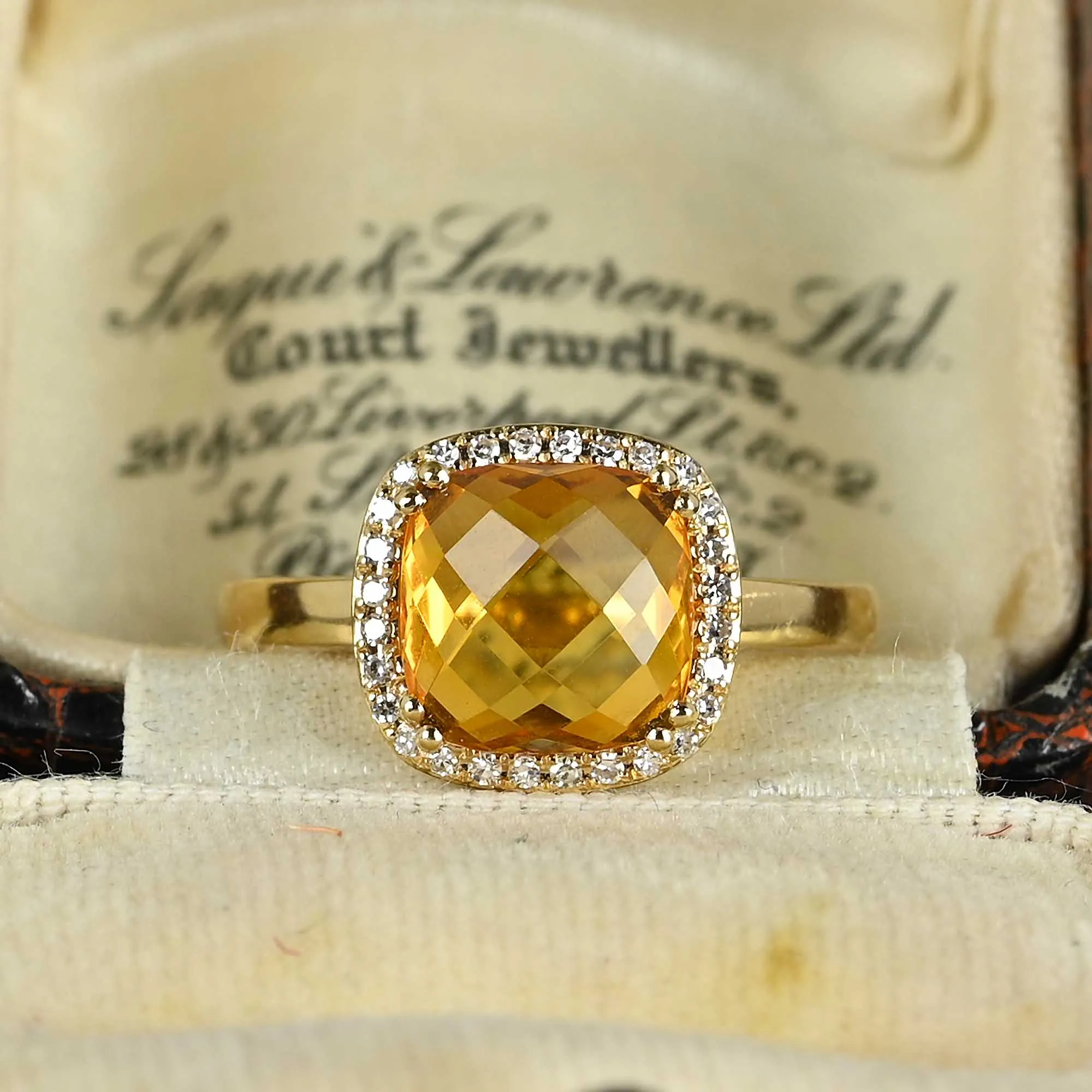 Vintage Diamond Halo Checkerboard Citrine Ring