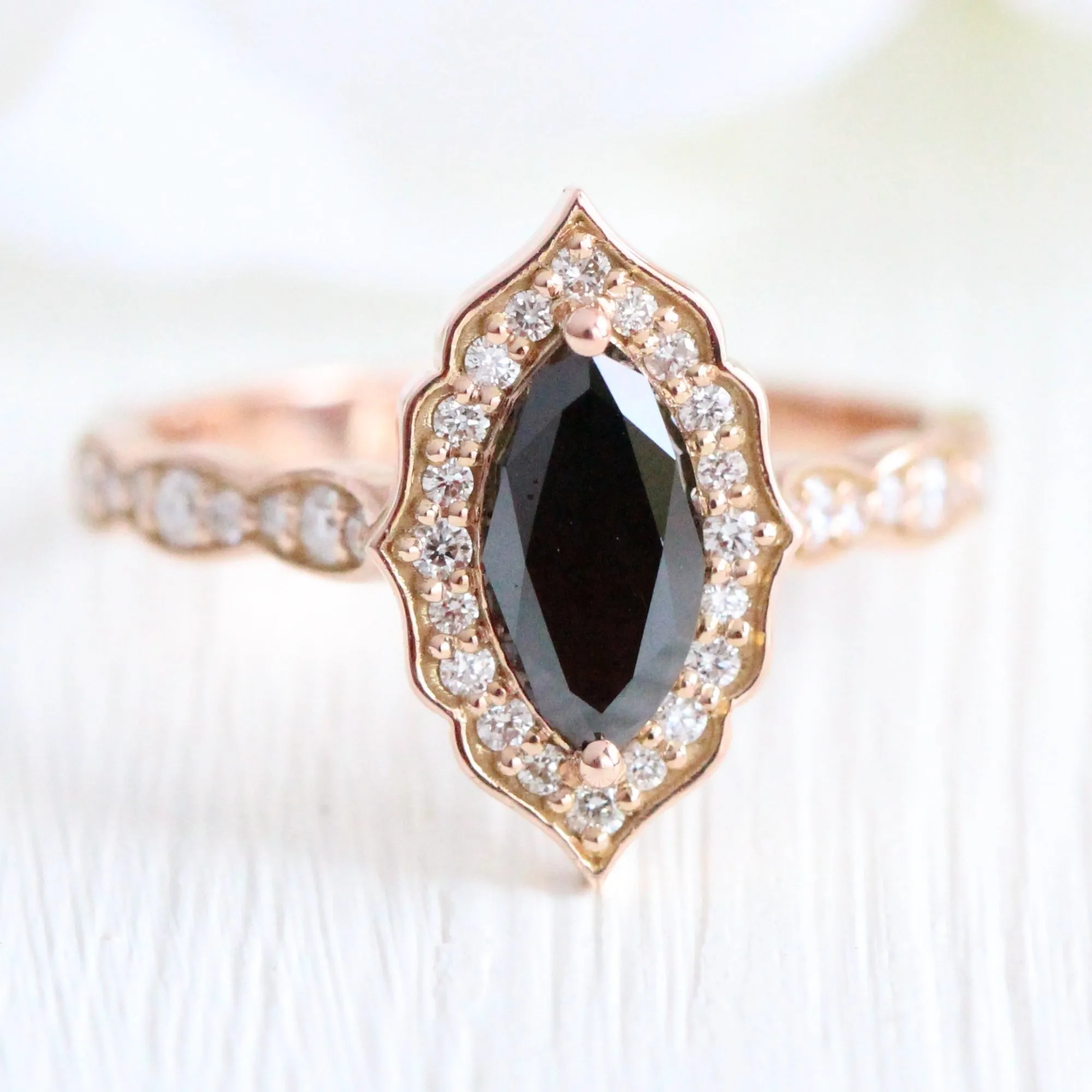 Vintage Floral Black Diamond Ring Set w/ Marquise Diamond and Matching Wedding Band