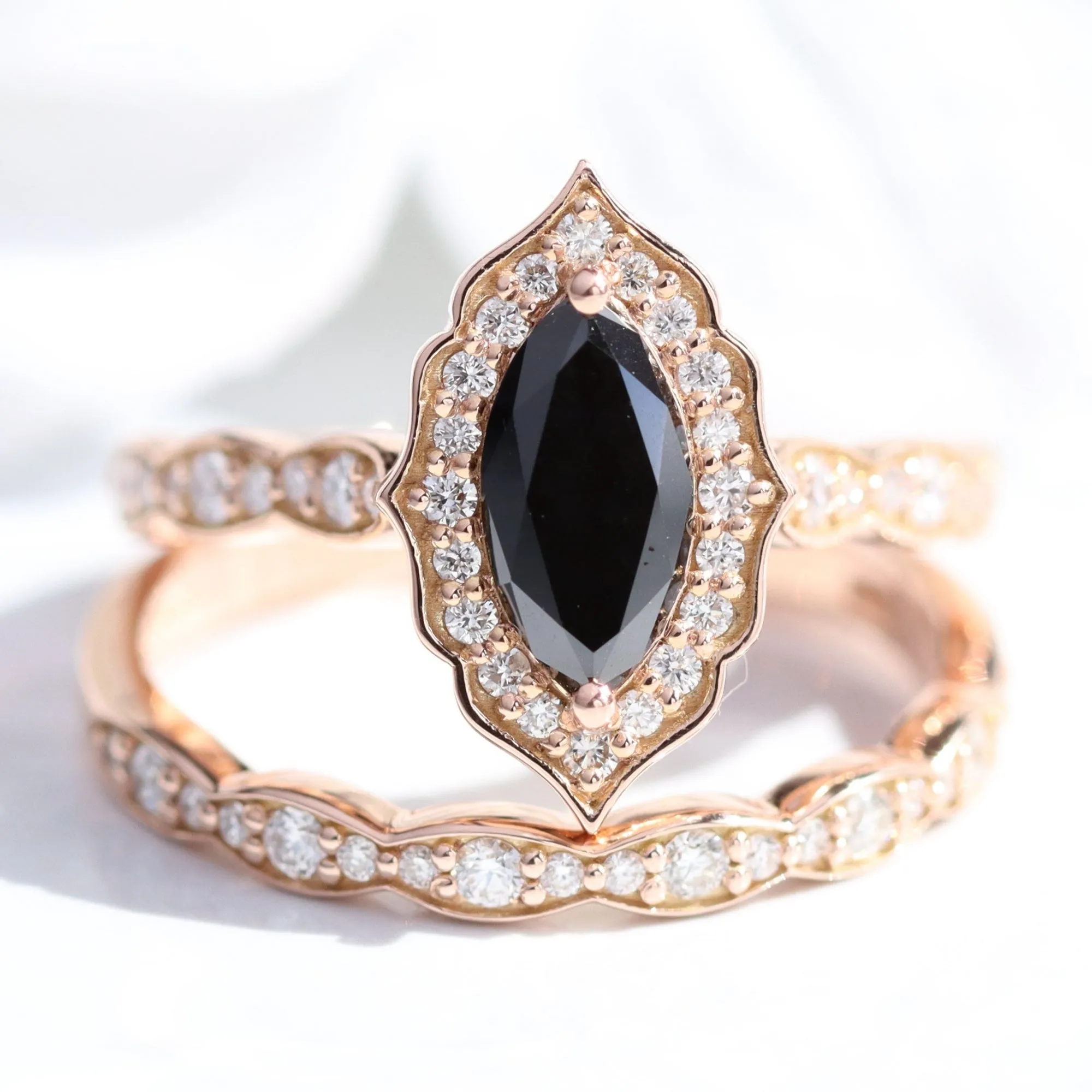 Vintage Floral Black Diamond Ring Set w/ Marquise Diamond and Matching Wedding Band