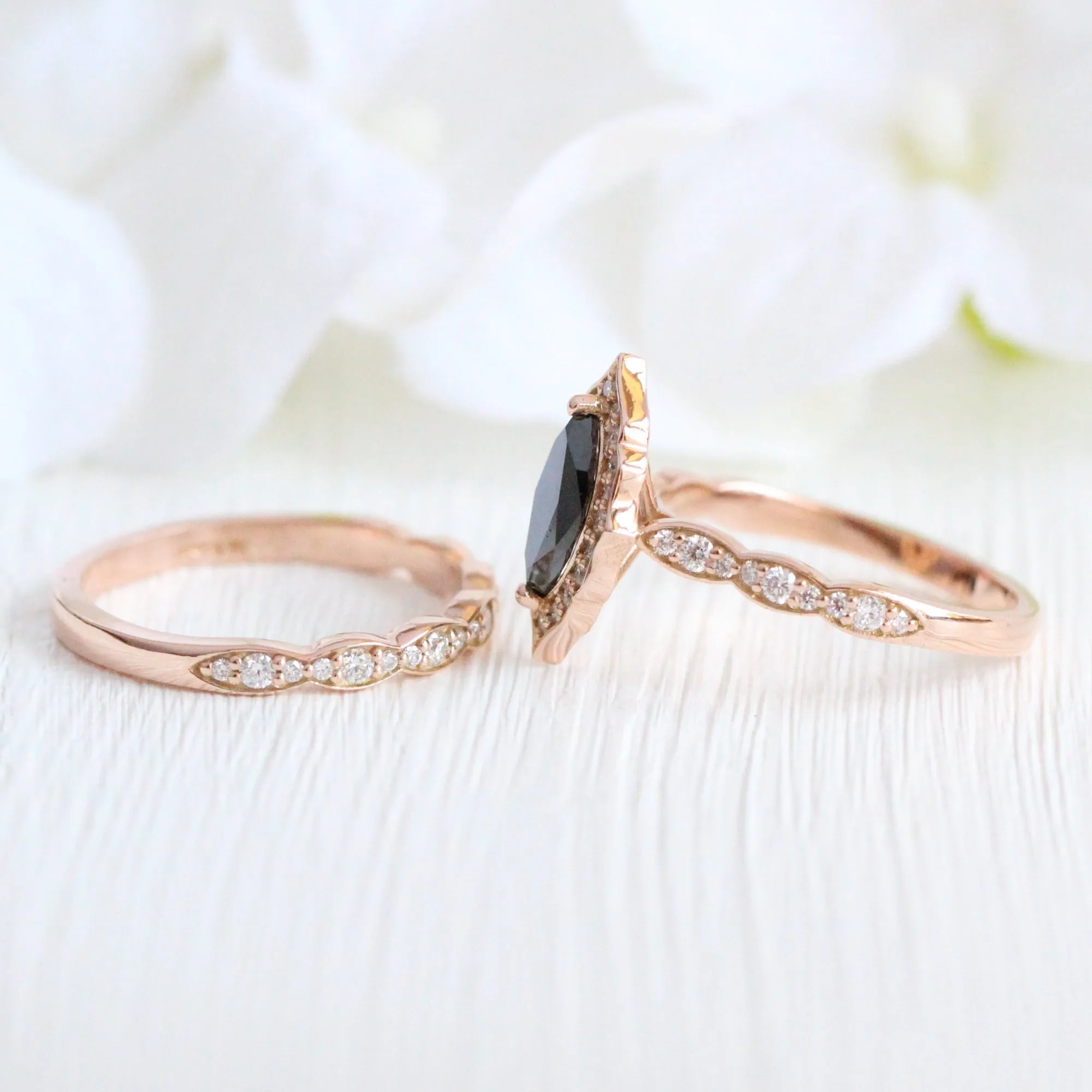 Vintage Floral Black Diamond Ring Set w/ Marquise Diamond and Matching Wedding Band