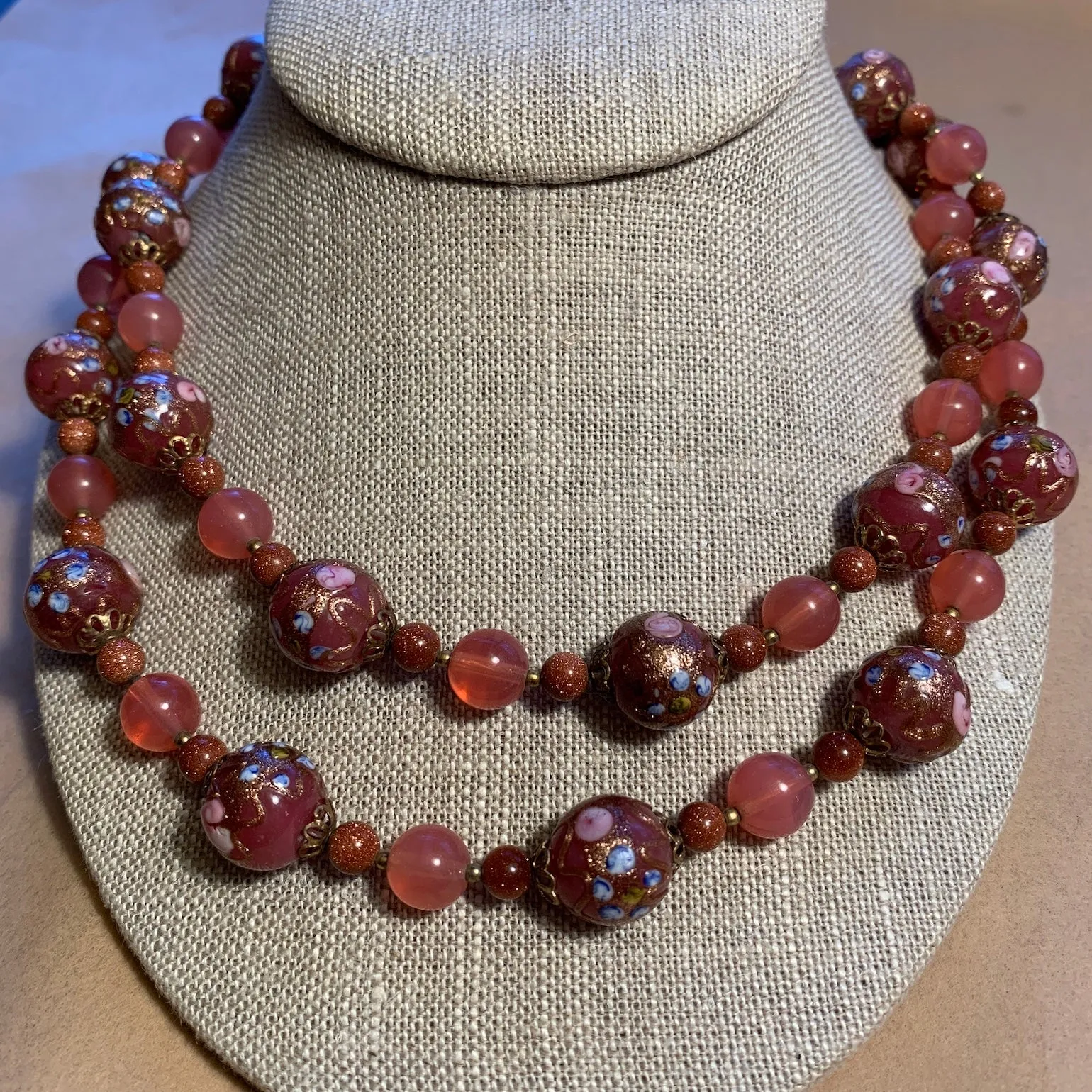 Vintage Pink Wedding Cake Necklace with Goldstone