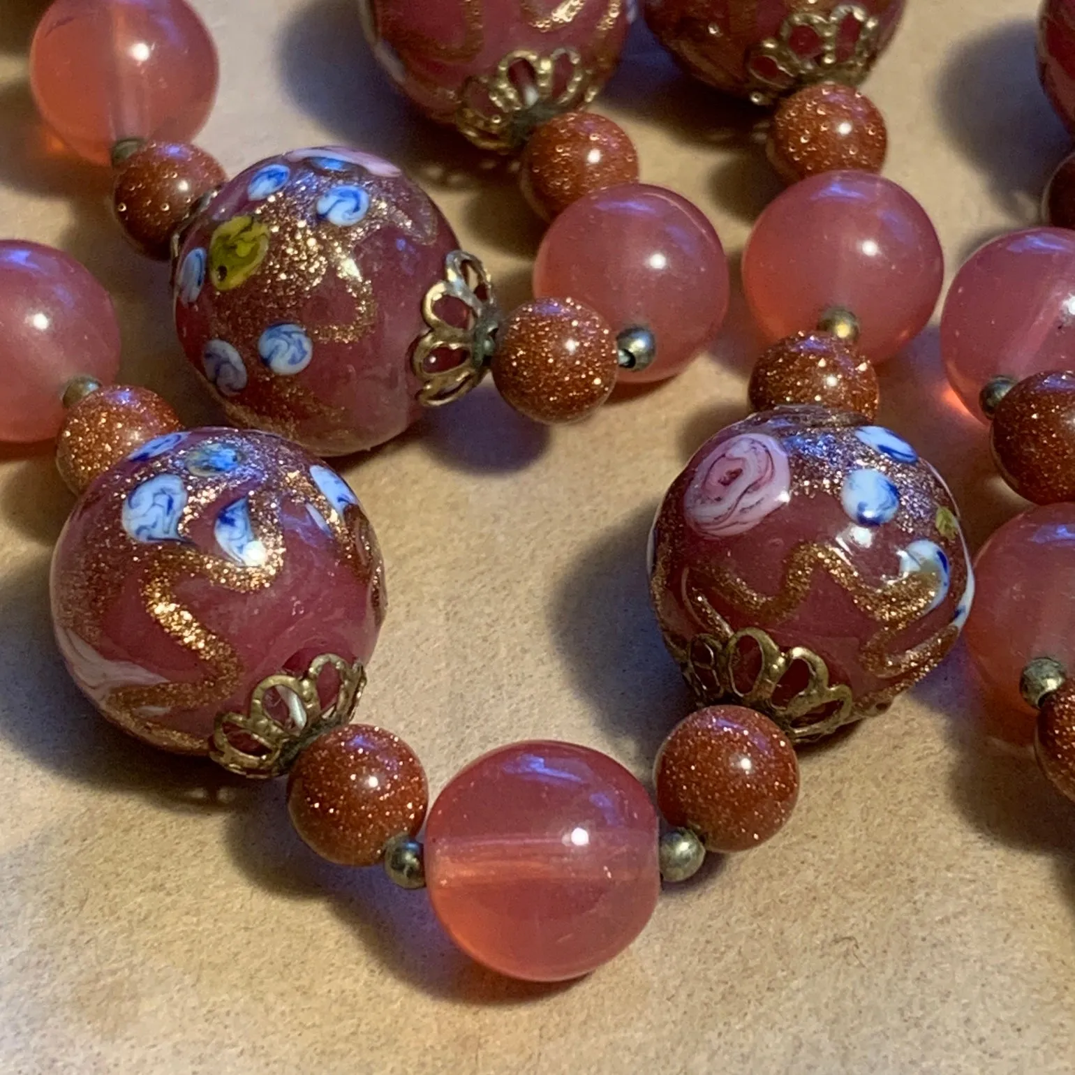 Vintage Pink Wedding Cake Necklace with Goldstone