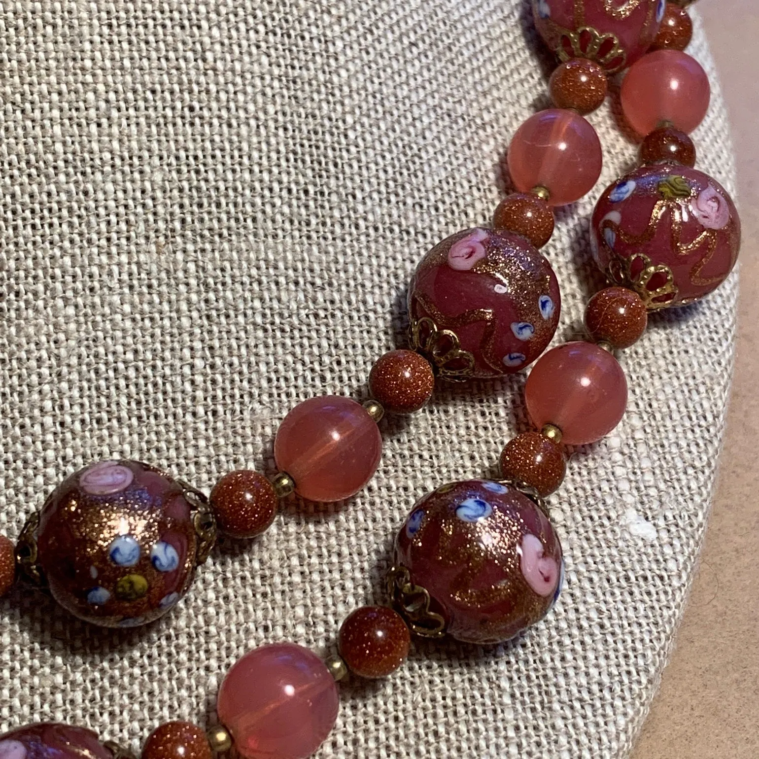 Vintage Pink Wedding Cake Necklace with Goldstone