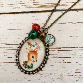 Vintage Reindeer Merry Christmas Necklace