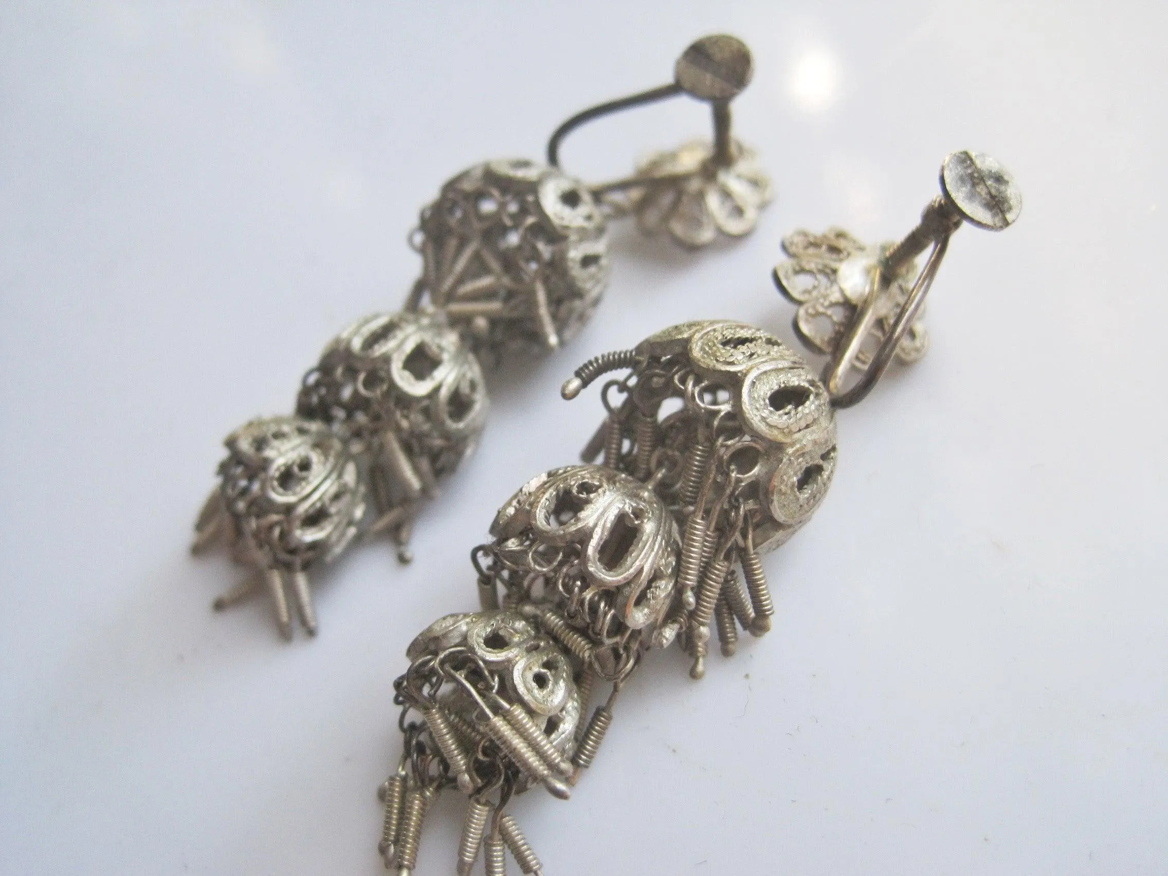 Vintage Silver Chinese Earrings with Chandelier Design and Screw Back Mechanism