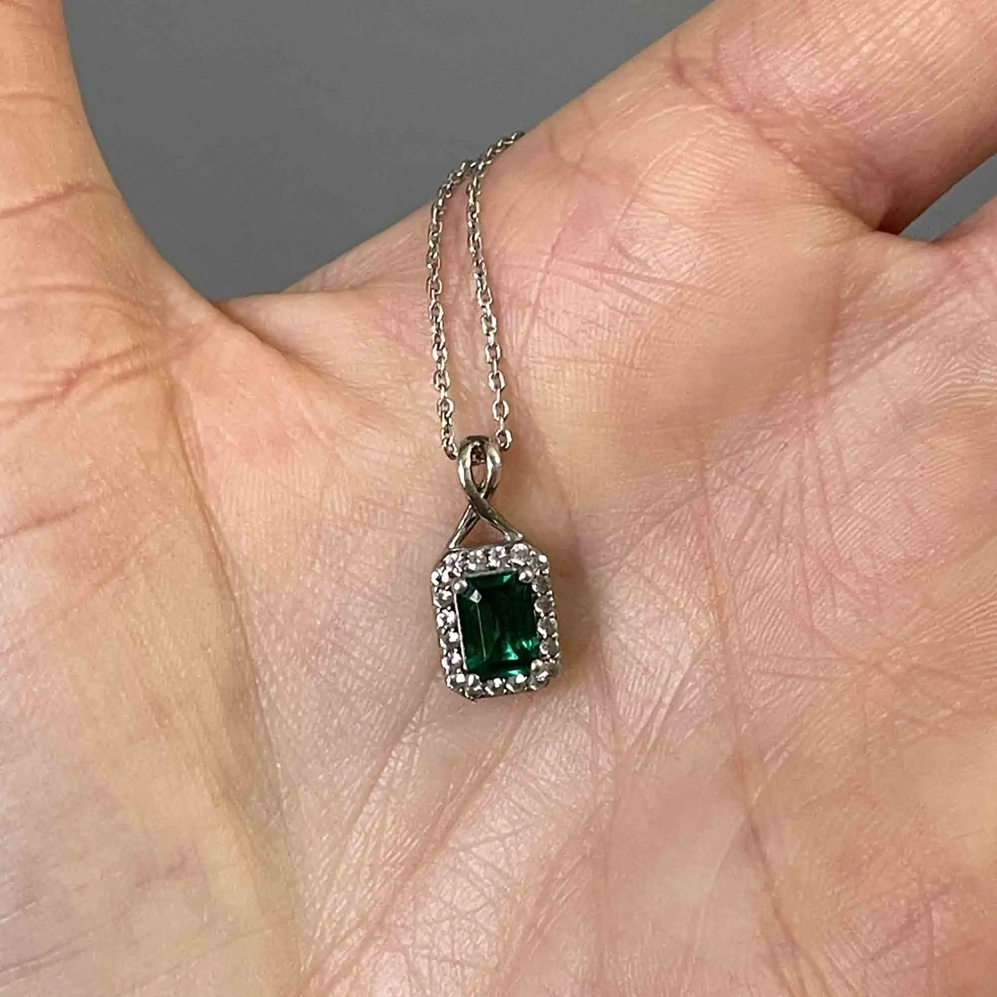 Vintage Sterling Silver Emerald Diamond Halo Pendant Necklace