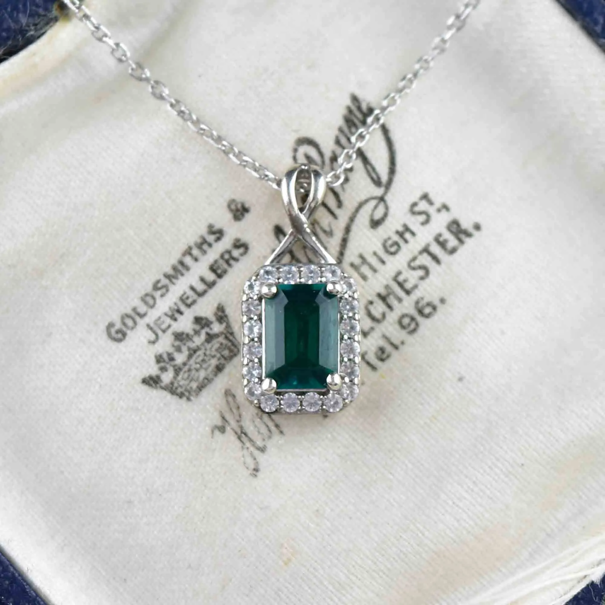 Vintage Sterling Silver Emerald Diamond Halo Pendant Necklace