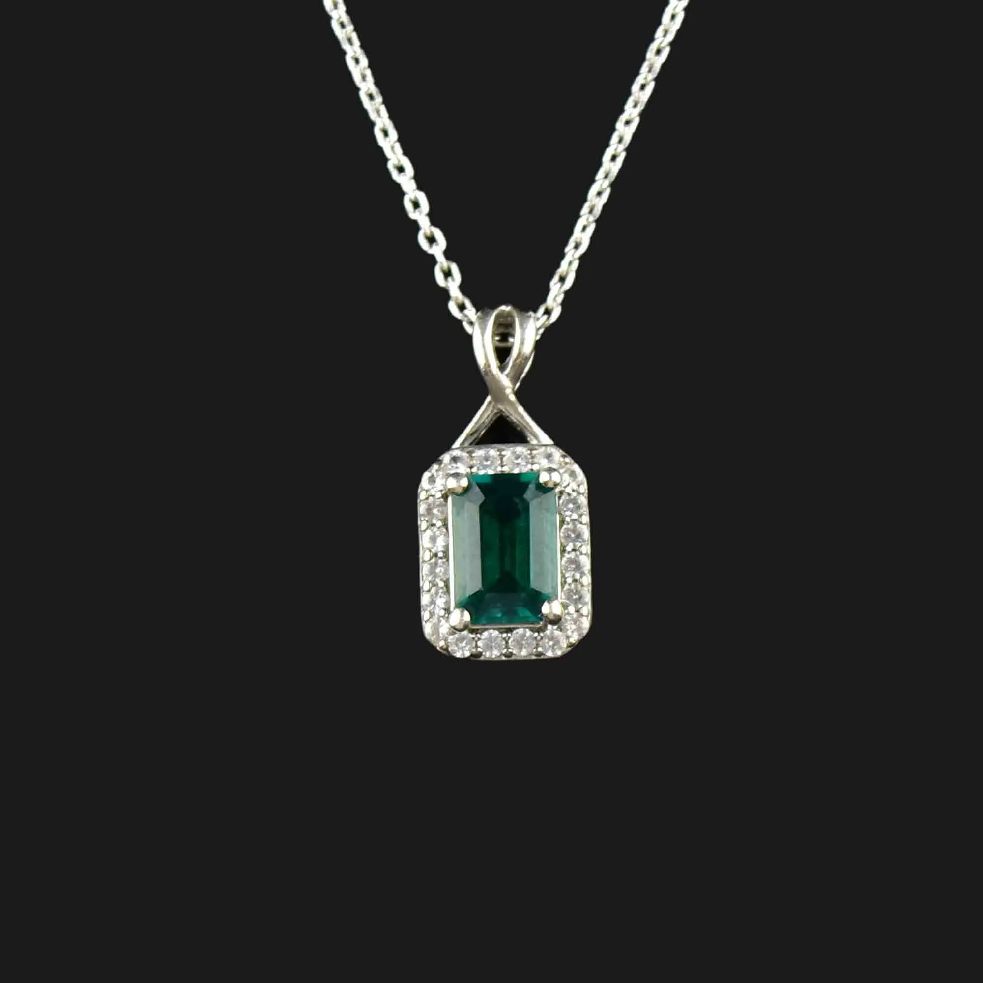 Vintage Sterling Silver Emerald Diamond Halo Pendant Necklace