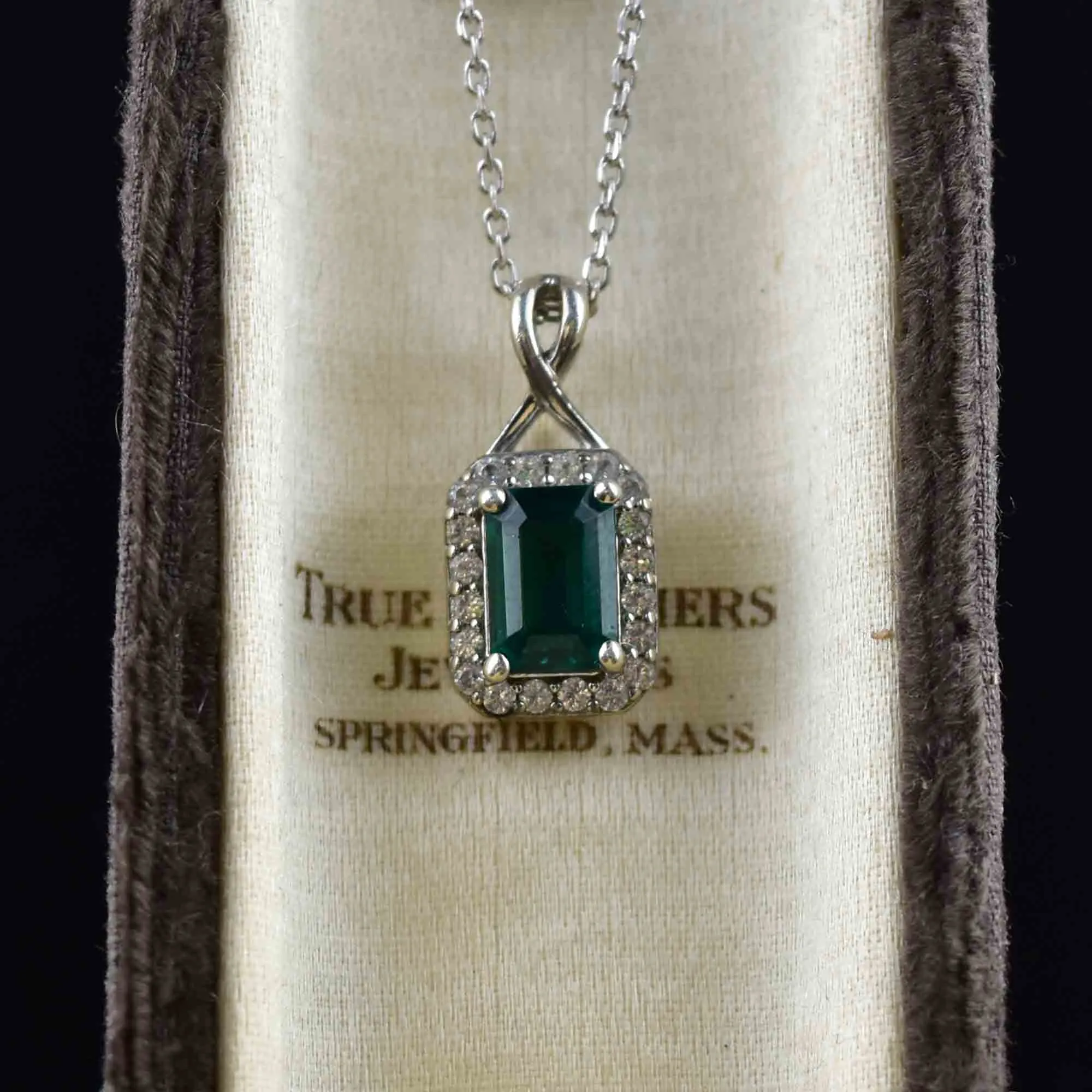 Vintage Sterling Silver Emerald Diamond Halo Pendant Necklace