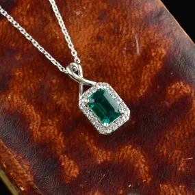 Vintage Sterling Silver Emerald Diamond Halo Pendant Necklace