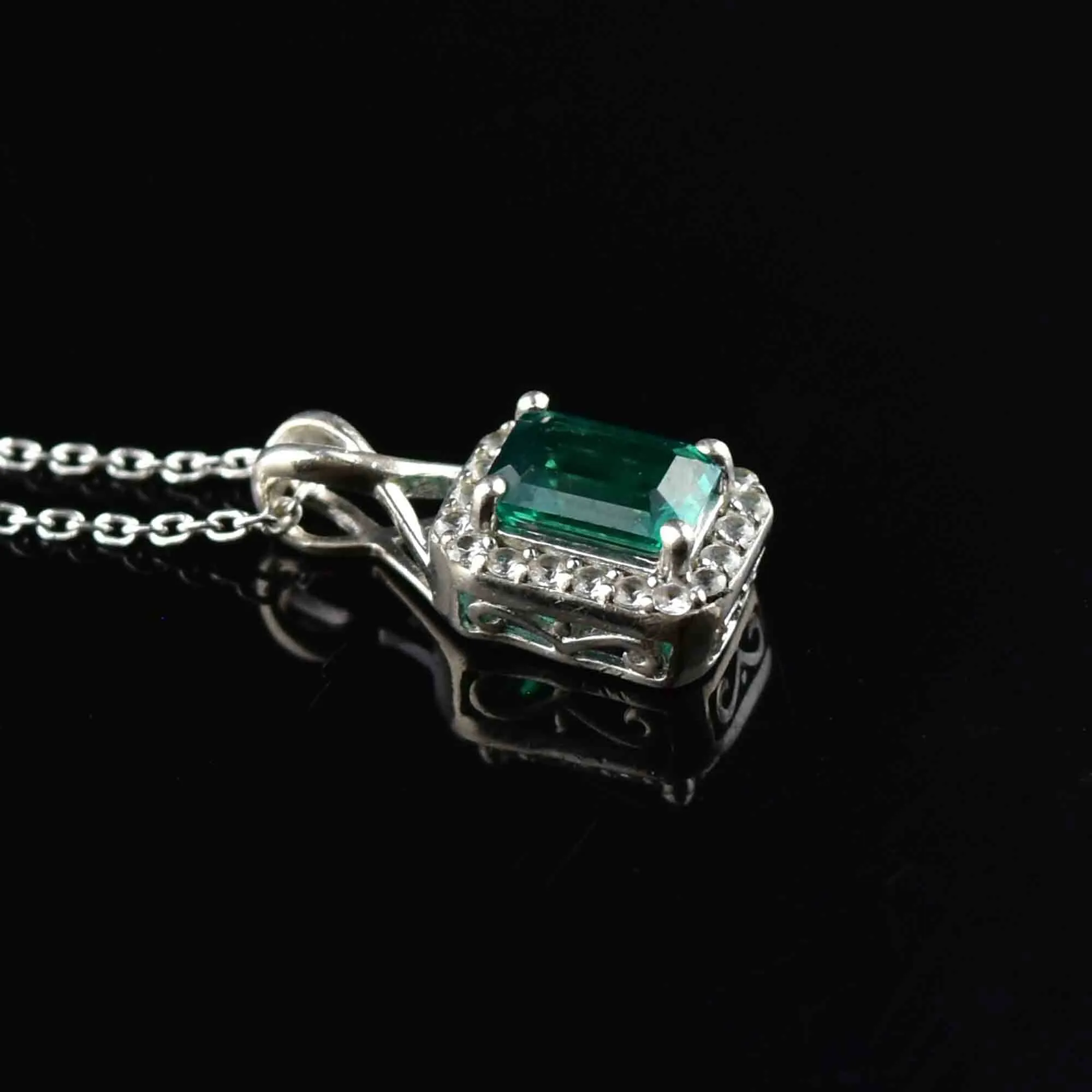 Vintage Sterling Silver Emerald Diamond Halo Pendant Necklace