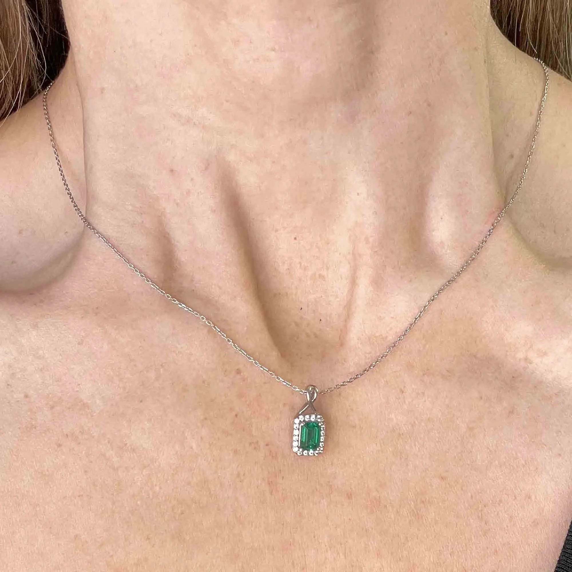 Vintage Sterling Silver Emerald Diamond Halo Pendant Necklace