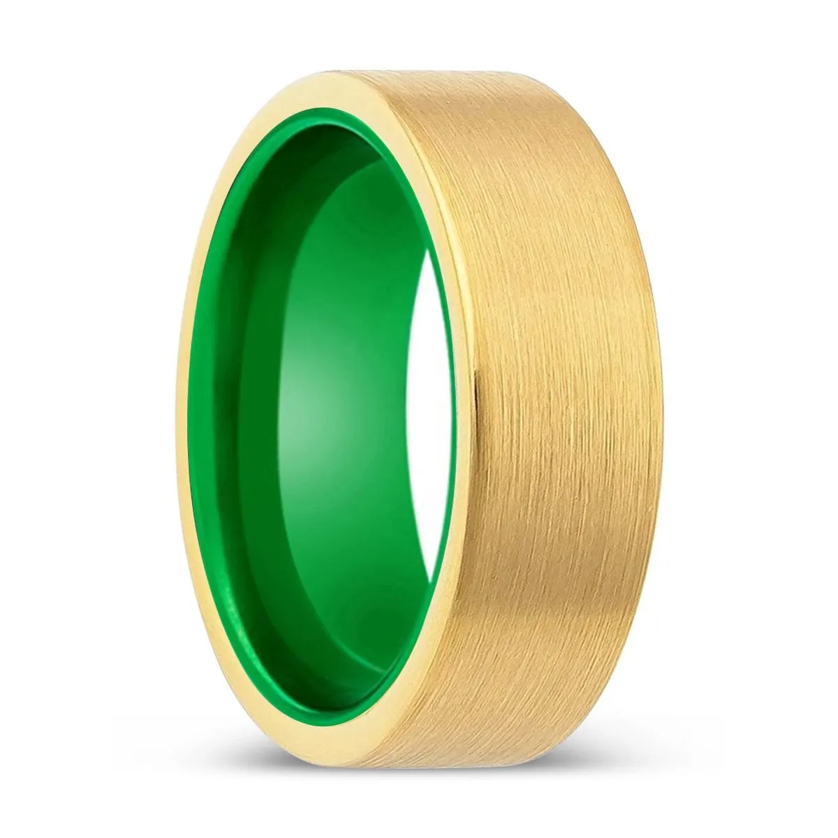 WELLSPRING | Green Ring, Gold Tungsten Ring, Brushed, Flat