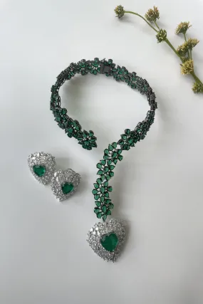 White Finish Zircon And Green Stone Unique Necklace Set