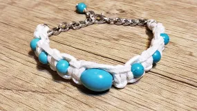 White Genuine Leather Bracelet with Light Blue Glass Beads & Stainless Steel Chain. Adjustable with Lobster Claw Clasp.