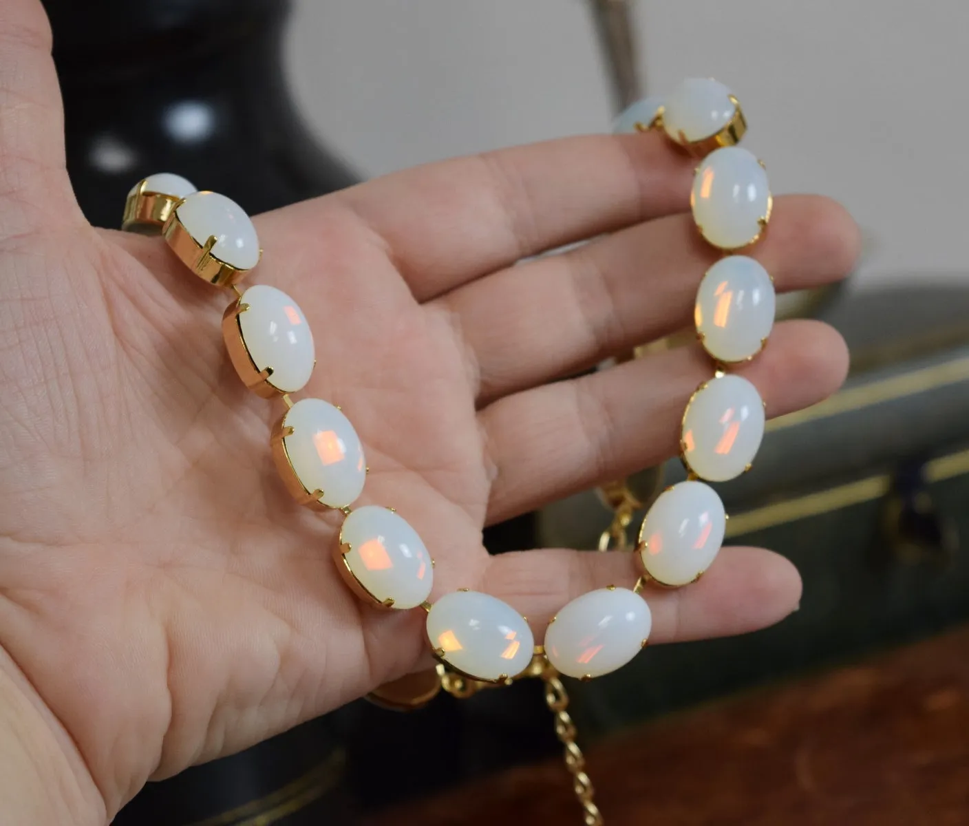 White Opal Crystal Necklace - Large Oval