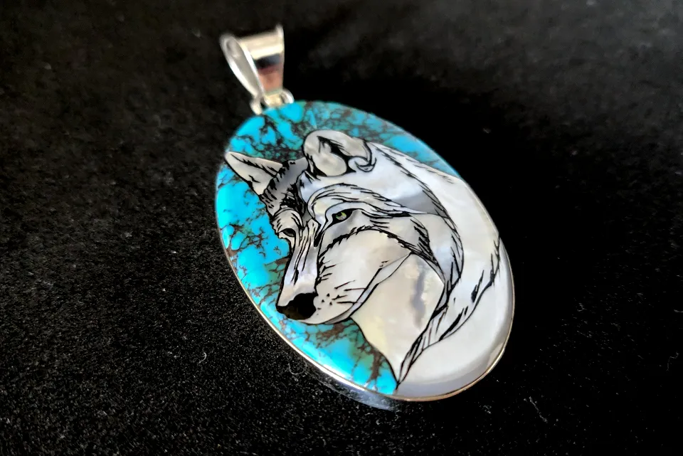 White Wolf Inlay Pendant - Sterling Silver Pendant with Mother of Pearl, Lab Opal, and Turquoise - 12g, 30x45mm (Excluding Bail)