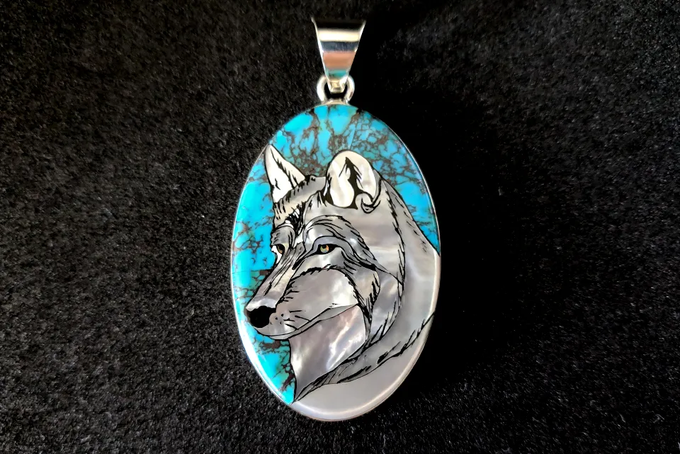 White Wolf Inlay Pendant - Sterling Silver Pendant with Mother of Pearl, Lab Opal, and Turquoise - 12g, 30x45mm (Excluding Bail)