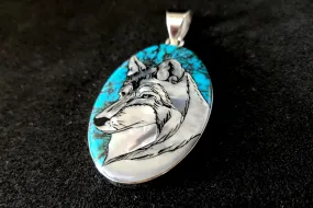 White Wolf Inlay Pendant - Sterling Silver Pendant with Mother of Pearl, Lab Opal, and Turquoise - 12g, 30x45mm (Excluding Bail)