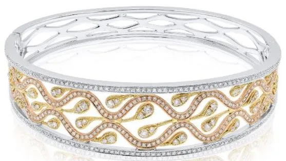 WIDE 2.05CT DIAMOND 18KT TRI COLOR GOLD FILIGREE SEMI ETERNITY BANGLE BRACELET