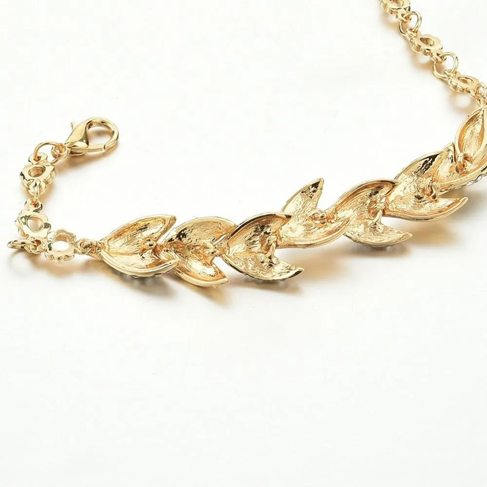 Women Elegant Gold Plated Rhinestone Leaves Chain Bangle