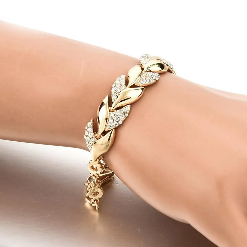 Women Elegant Gold Plated Rhinestone Leaves Chain Bangle